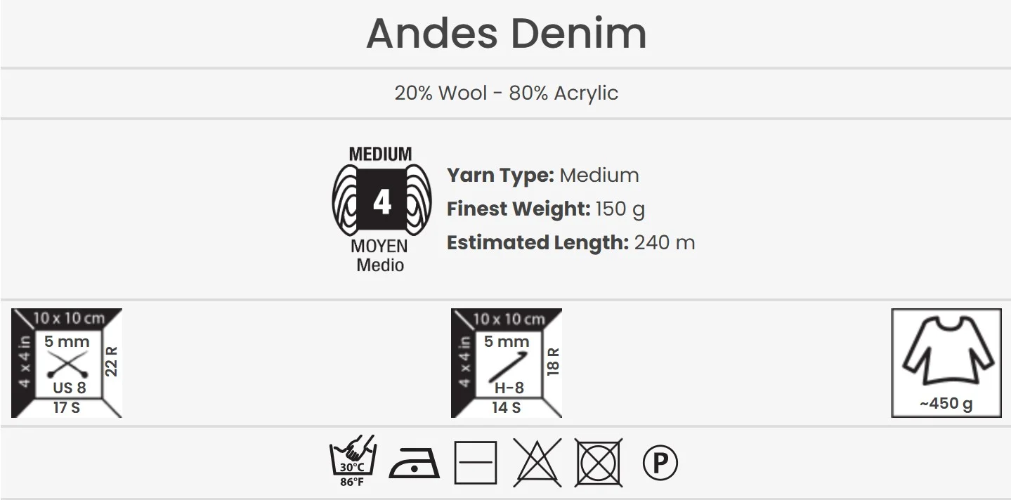 YarnArt Andes Denim – 150g – mjukt garn av 20% Wolle och 80% akryl med denimeffekt för varma stickprojekt.